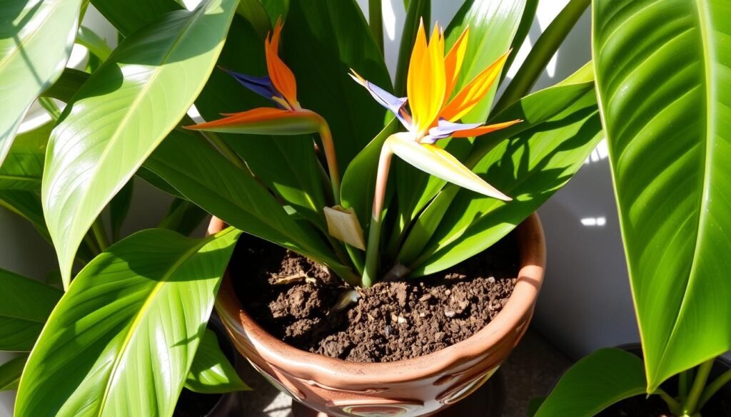 birds of paradise plant pot and soil